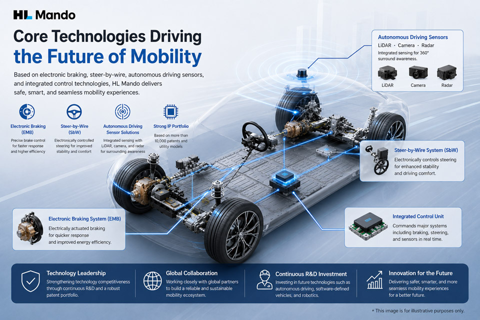 Concept illustration of HL Mando’s future mobility platform featuring electronic braking (EMB), steer-by-wire (SbW), autonomous driving sensors, and integrated vehicle control technologies. / Illustration by Korea IT Times
