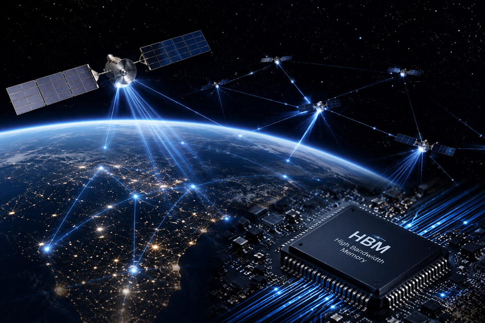 Concept image illustrating the convergence of satellite networks, AI infrastructure, and advanced memory semiconductors. Industry analysts believe the expansion of space-based AI ecosystems could drive long-term demand for high-performance memory technologies such as HBM and next-generation DRAM. / Korea IT Times