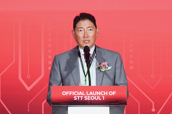 Hyosung Chairman Cho Hyun-joon delivers a congratulatory speech at the opening ceremony of STT Seoul 1 on June 16/ Courtesy of Hyosung