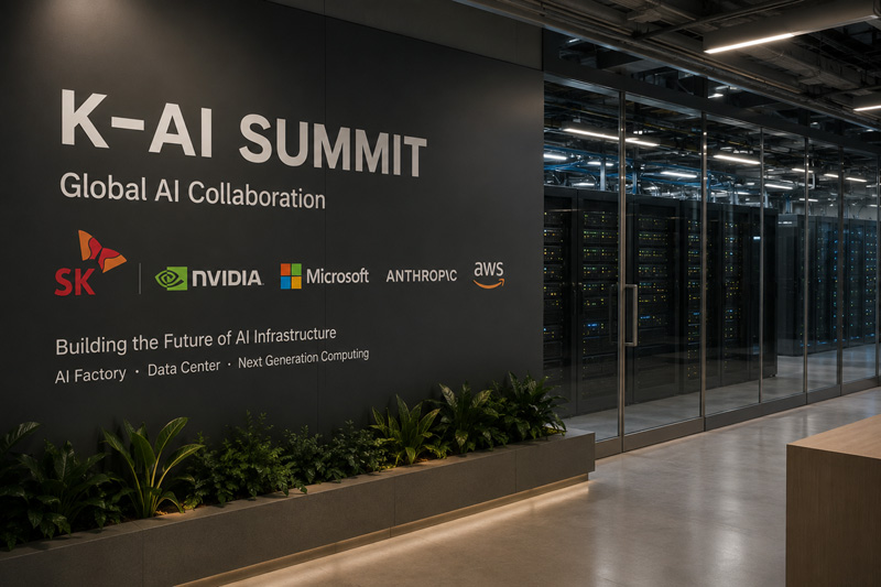 A modern AI data center equipped with high-density server racks, representing the next generation of computing infrastructure that will support large-scale AI model training, inference, and cloud services. SK Group is expanding partnerships with global technology leaders including NVIDIA, Microsoft, Anthropic, and AWS to strengthen Korea's AI infrastructure ecosystem.
