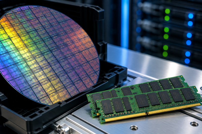 A semiconductor wafer and high-performance server memory modules symbolize the growing demand for AI chips and advanced memory technologies, which are driving Samsung Electronics' record quarterly earnings amid the global AI boom.