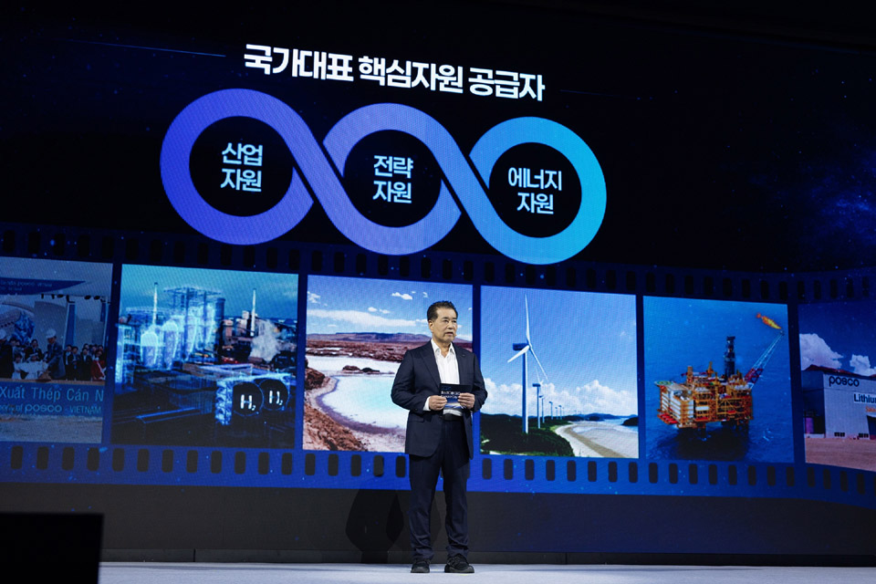 POSCO Group Chairman Chang In-hwa presents the group’s business portfolio strategy at its CEO Investor Day in July. POSCO aims to build its future growth around industrial, strategic and energy resources, targeting combined revenue of KRW 187 trillion by 2035. / Courtesy of POSCO Group